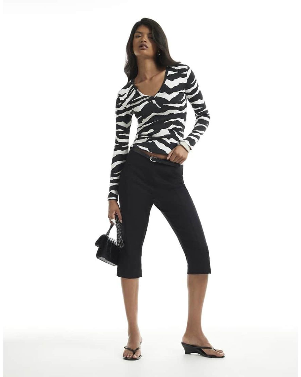 River Island Black Zebra V Neck Long Sleeve Top