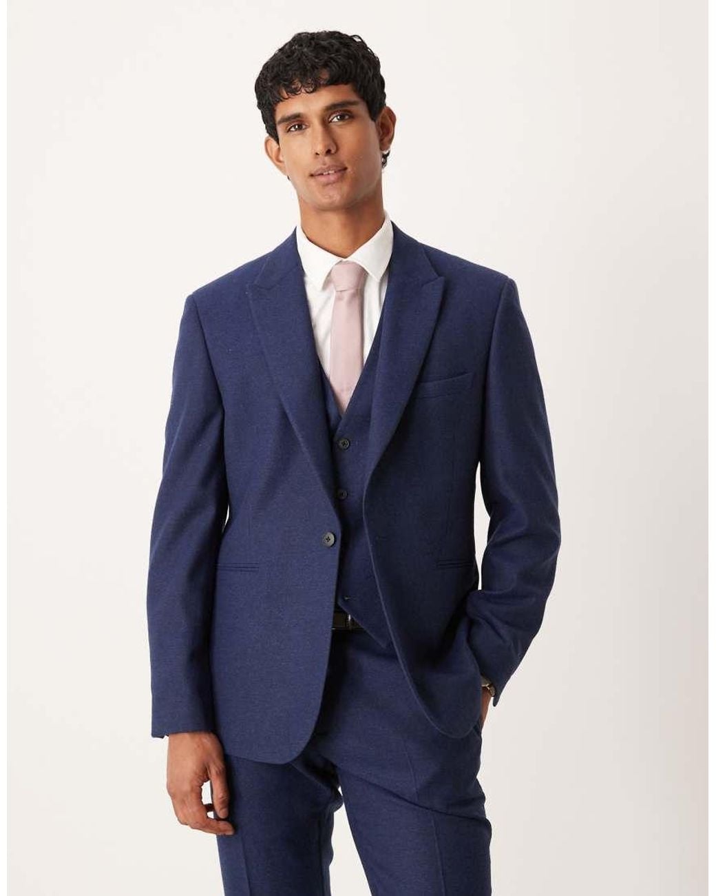 ASOS Blue Slim Herringbone Suit Jacket With Wool for men