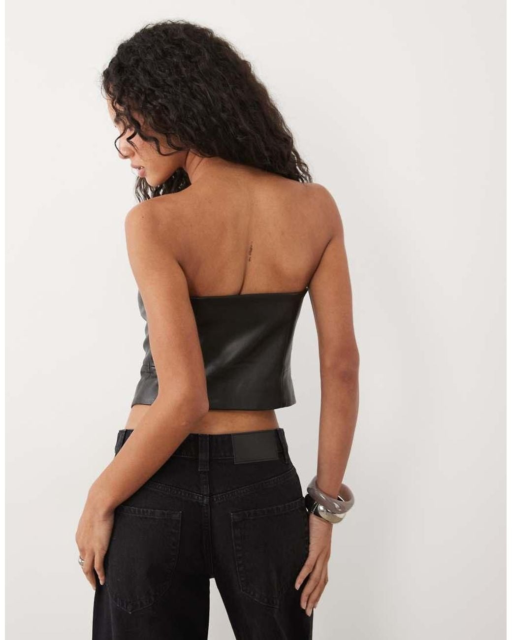 Miss Selfridge Black Faux Leather Button Up Bandeau Top