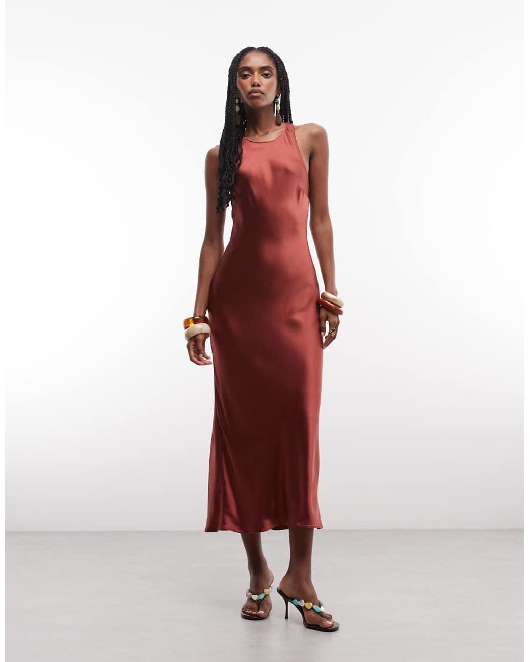 & Other Stories Red Bias Cut Satin Midi Dress
