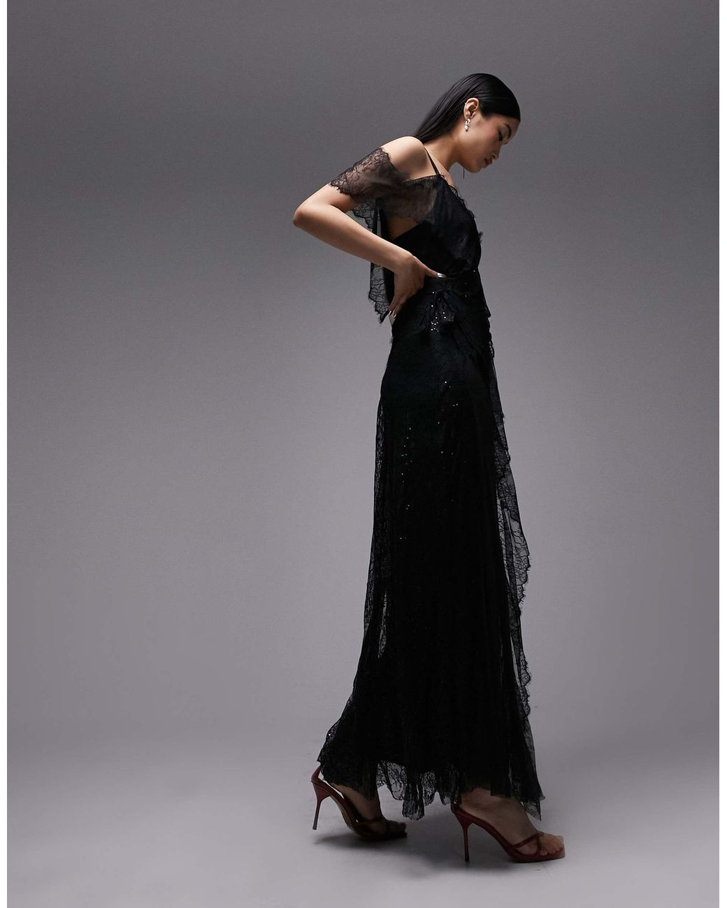 TOPSHOP One Sleeve Lace Embellished Maxi Dress in Black Lyst Australia