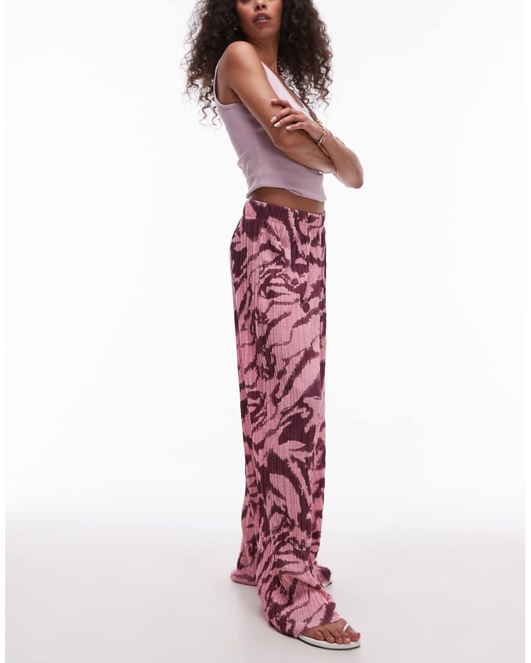 TOPSHOP Purple Crinkle Zebra Print Wide Leg Trousers