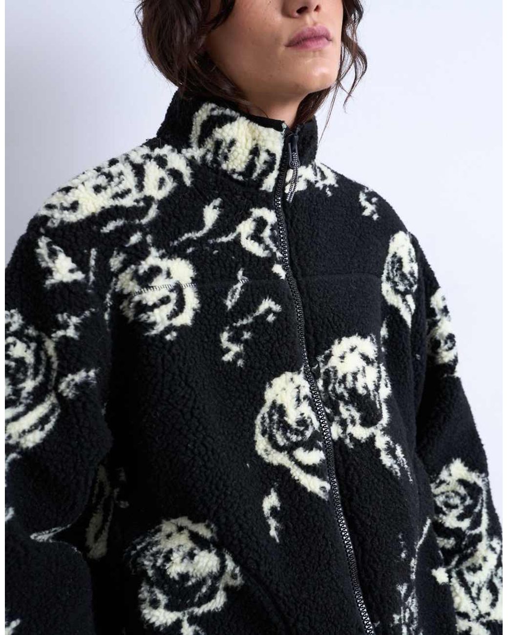 TOPSHOP Blue Mono Floral Print Fleece Borg Jacket