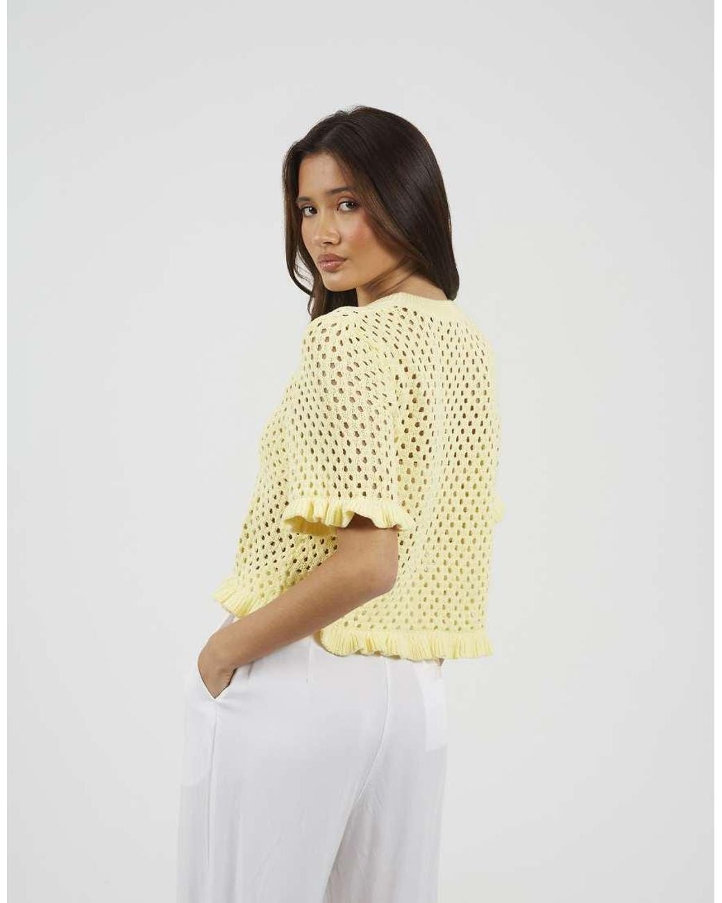 Brave Soul Metallic Open Knit T Shirt With Frill Hem