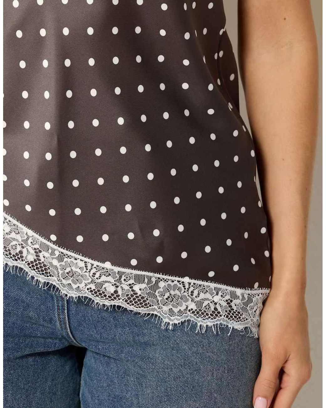 Long Tall Sally Blue Polka Dot Asymmetric Lace Cami Top