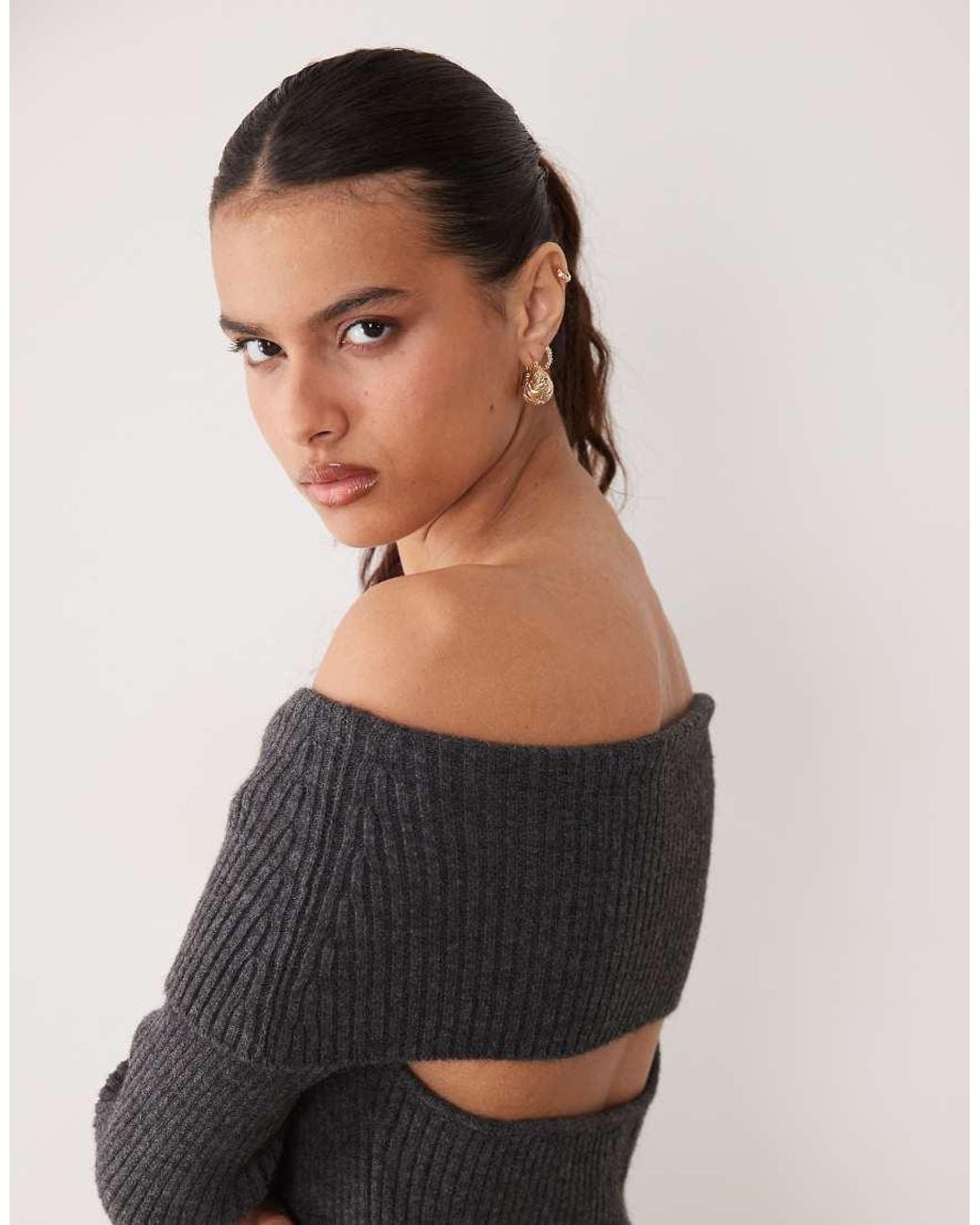ASOS Gray Open Back Bardot Knitted Midaxi Dress