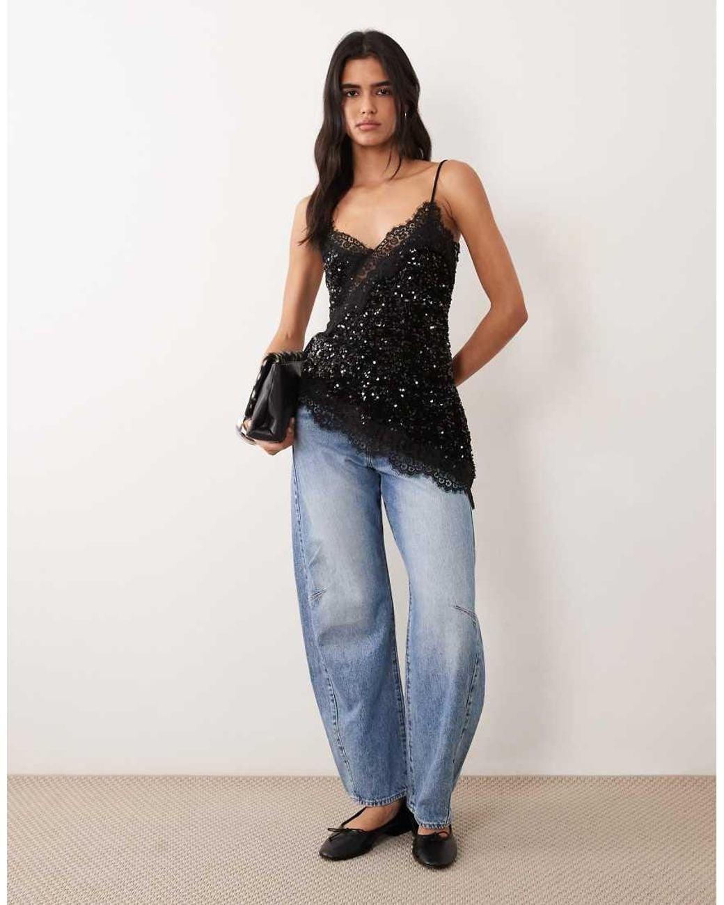 Pieces Black Asymmetric Lace Trim Sequin And Velvet Cami Top