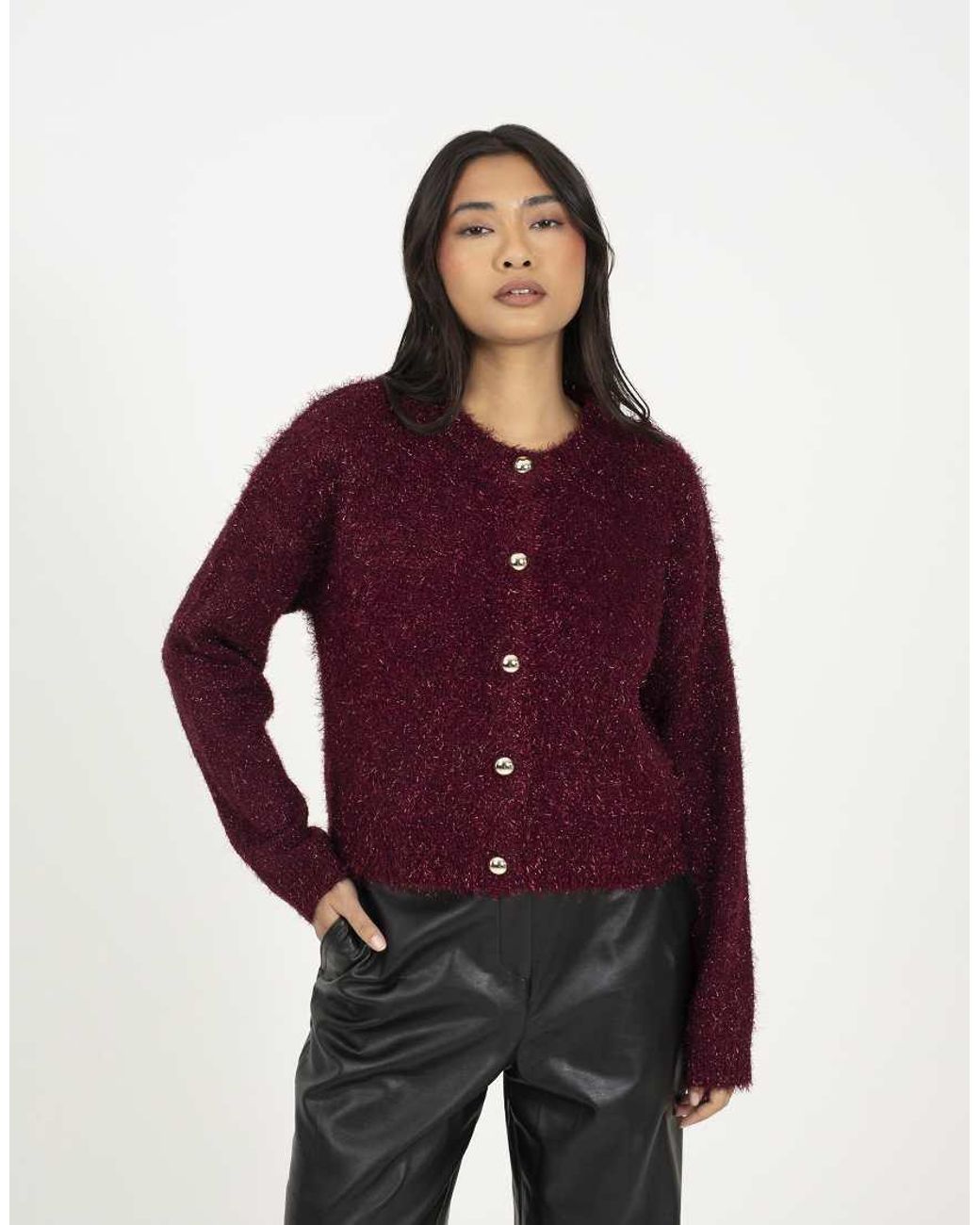 Brave Soul Red Fluffy Tinsel Knit Cardigan