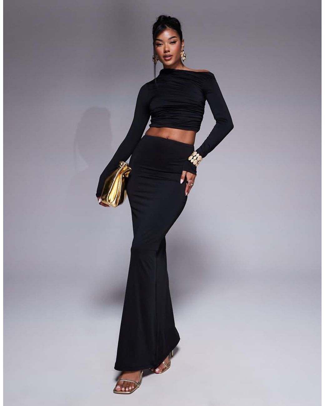 Aria Cove Black Slinky Off Shoulder Long Sleeve Cropped Top Co-Ord