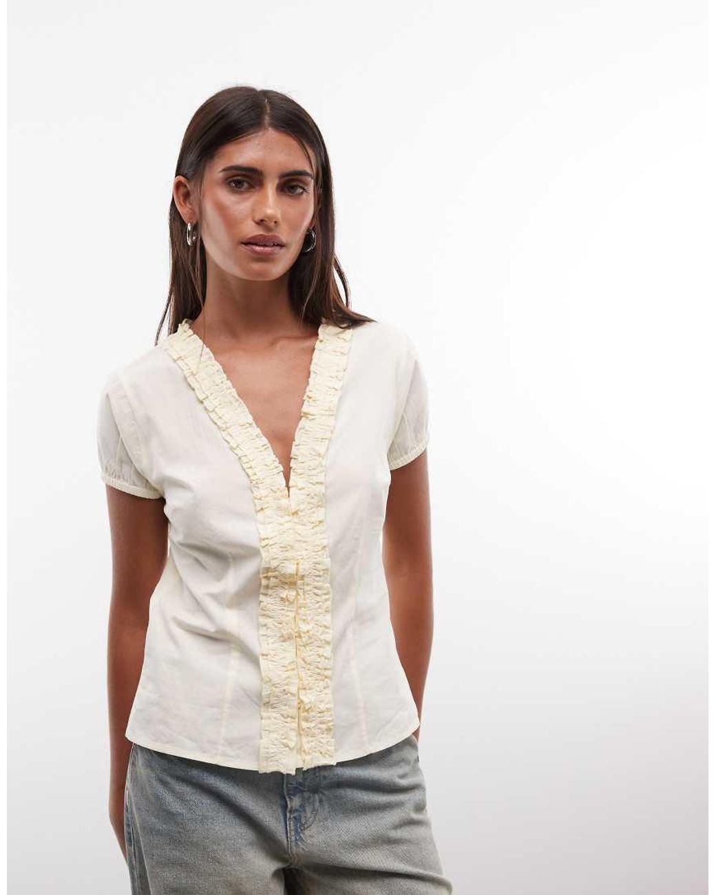 Collusion Brown Frill Detail Short Sleeve Blouse