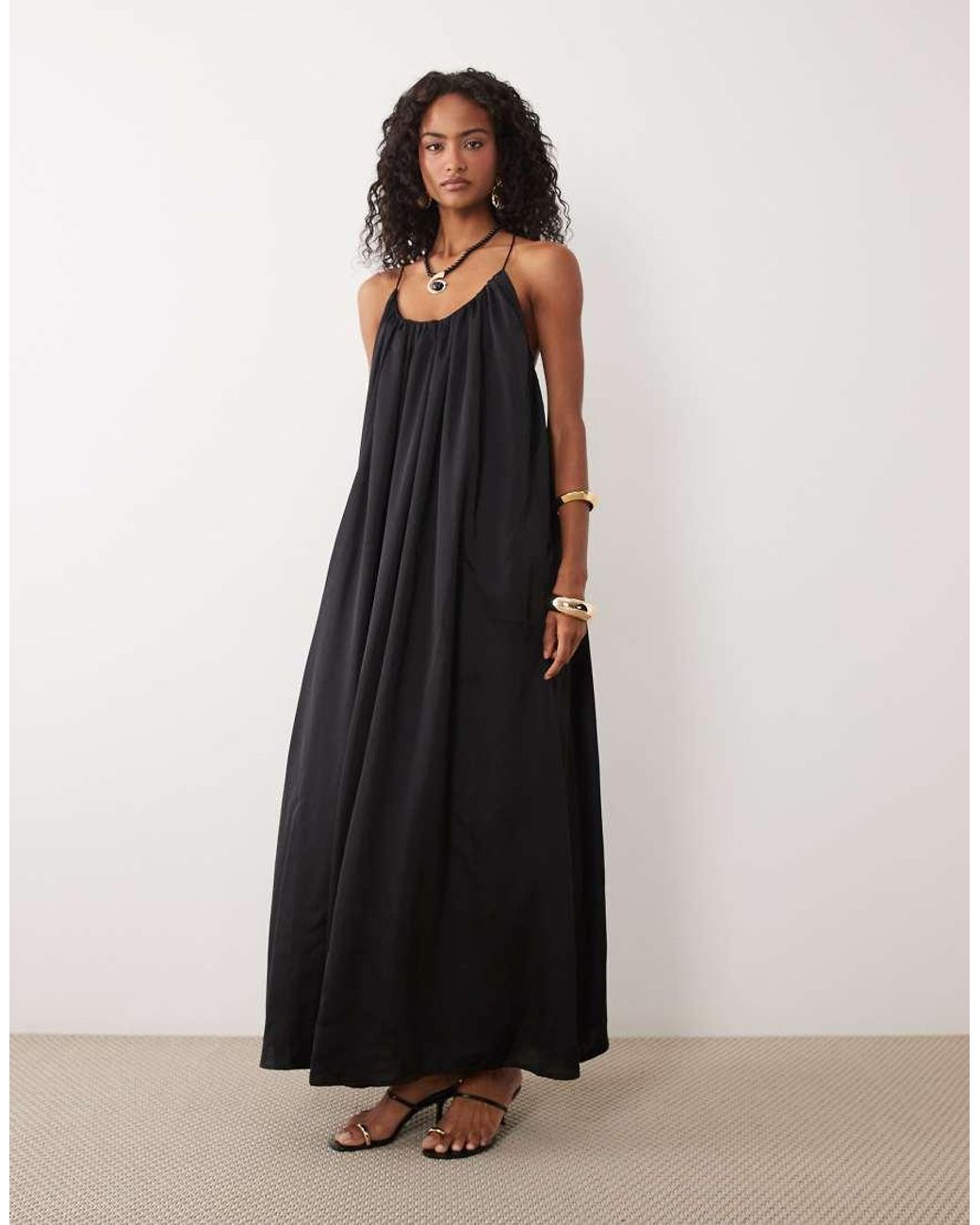 ASOS Black Trapeze Scoop Neck Full Hem Maxi Dress With Bead Back Detail