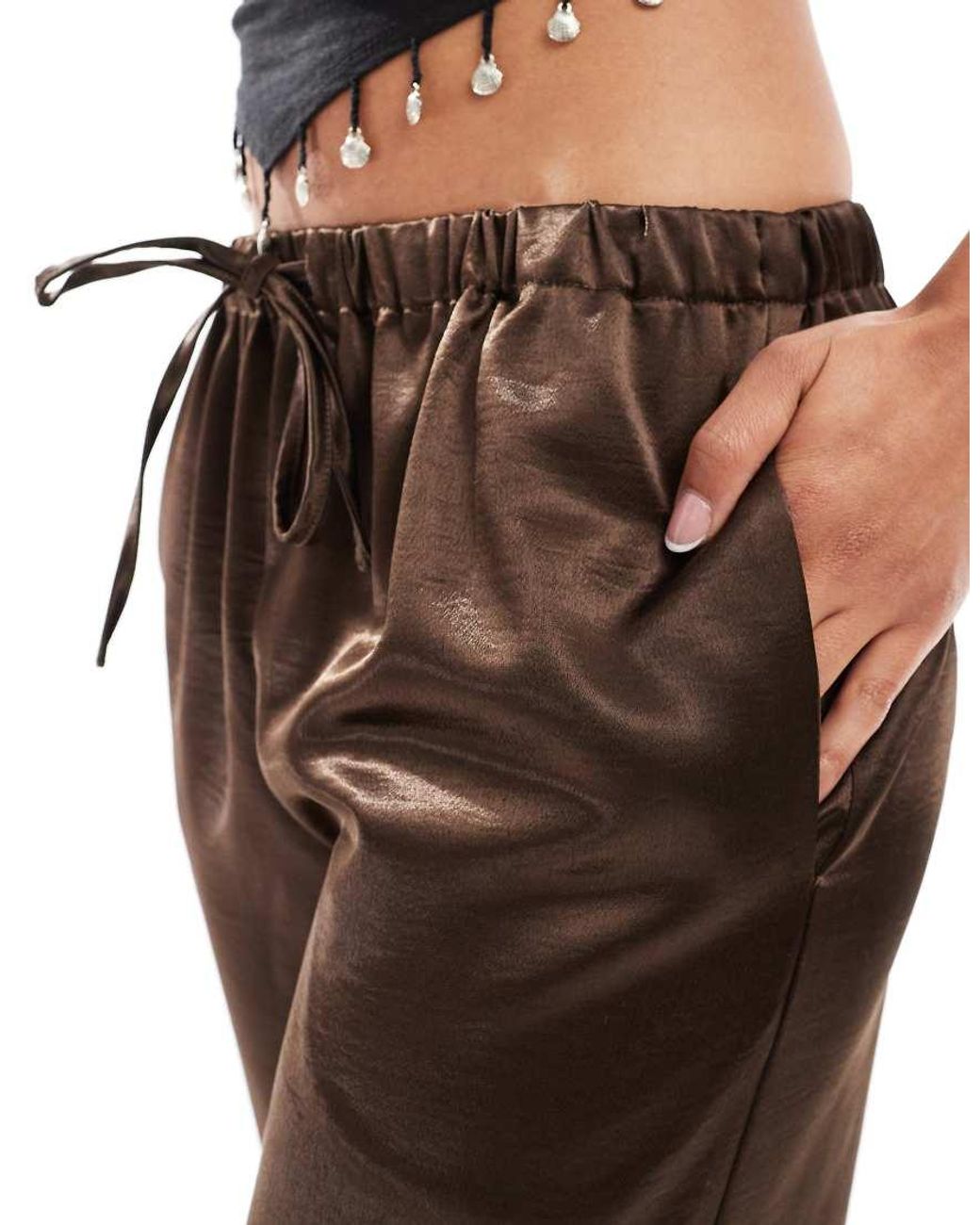 4th & Reckless Black Satin Straight Leg Tie Waist Trousers