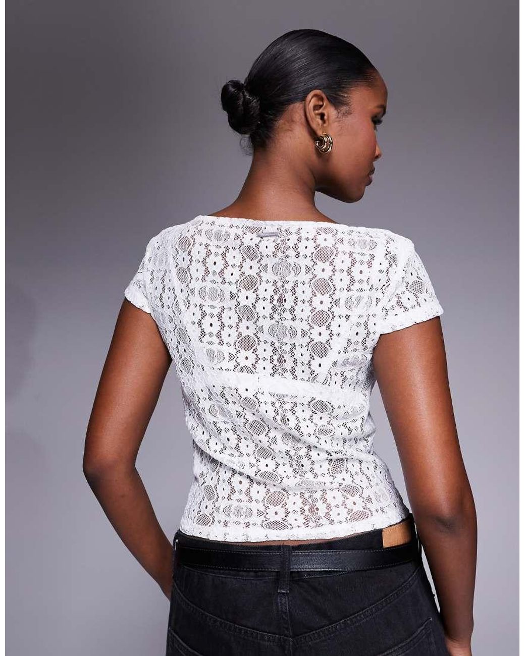 Abrand Jeans Gray Abrand Slash Neck Lace Cropped Tee