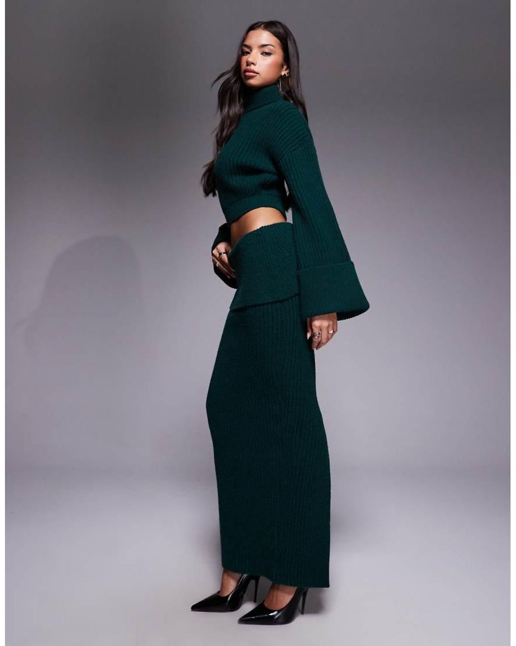 Wanderdoll Gray Exclusive Mabel Roll Neck Wide Foldover Sleeve Cropped Jumper Co-ord