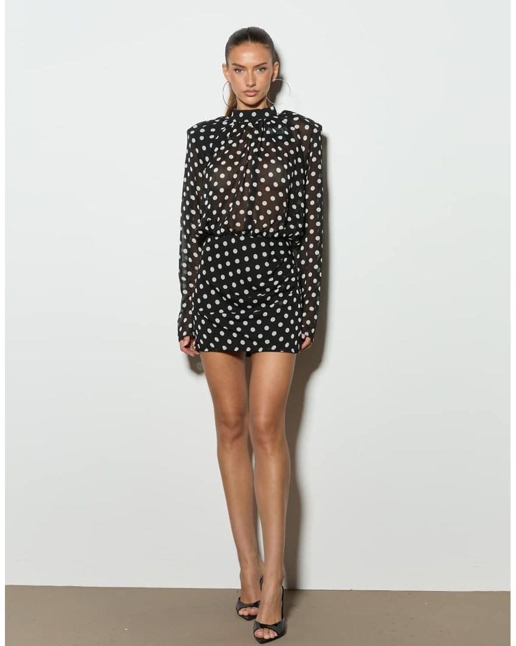 Noughts & Kisses Black Nori Chiffon High Neck Shoulder Pad Blouson Mini Dress