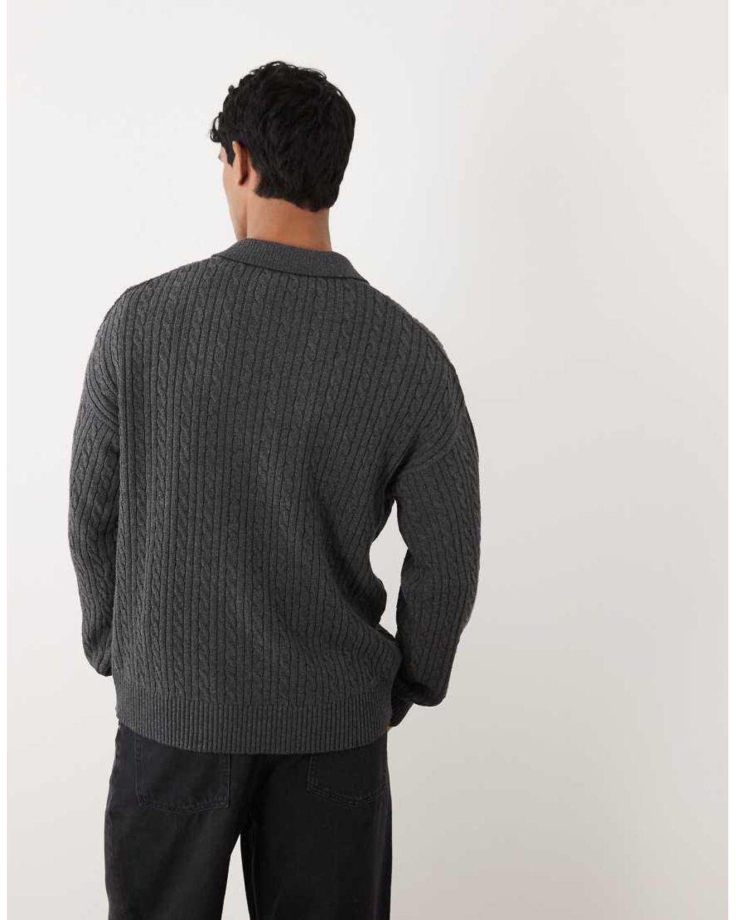 Redefined Rebel Gray Jared Open Collar Oversized Cable Knit Jumper for men