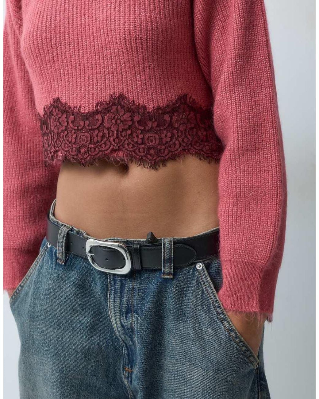 Miss Selfridge Red Super Crop Rib Sweater With Lace Hem