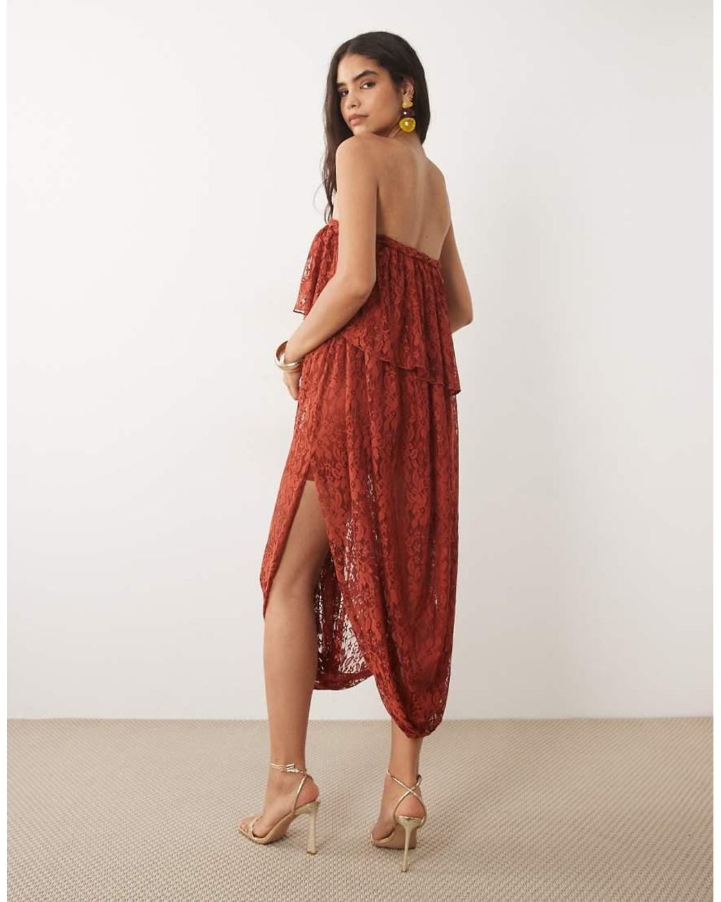 ASOS Red Lace Bandeau Asymmetric Drape Midi Dress With Plait Detail