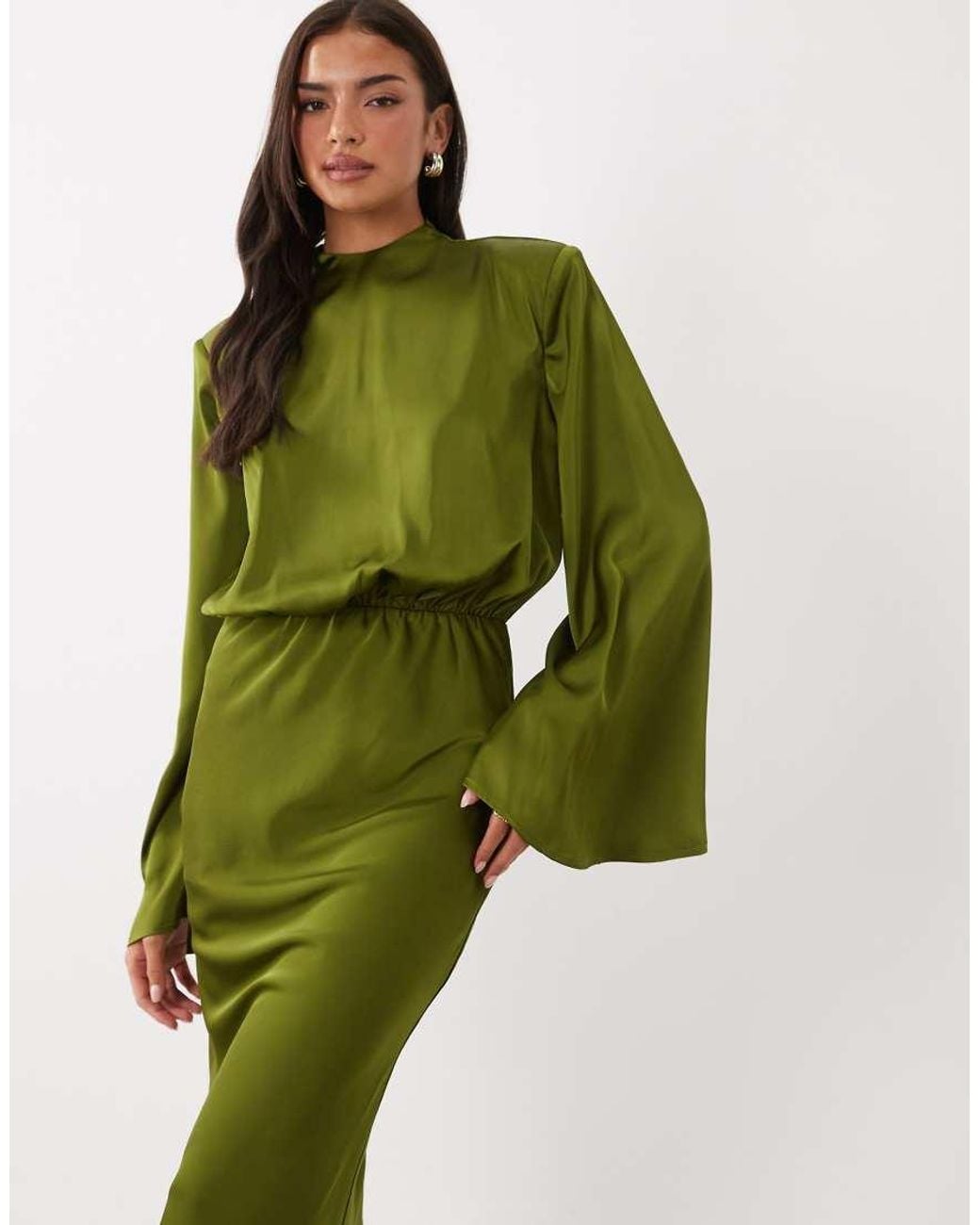 Kaiia Green Exclusive Satin High Neck Fold Over Detail Wide Sleeve Fishtail Hem Maxi Dress