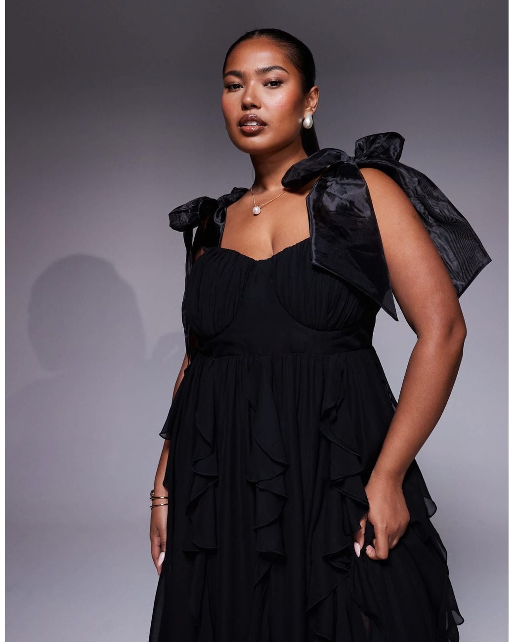 ASOS Curve Maxi Dress With Waterfall Ruffles And Tie Straps in Black | Lyst
