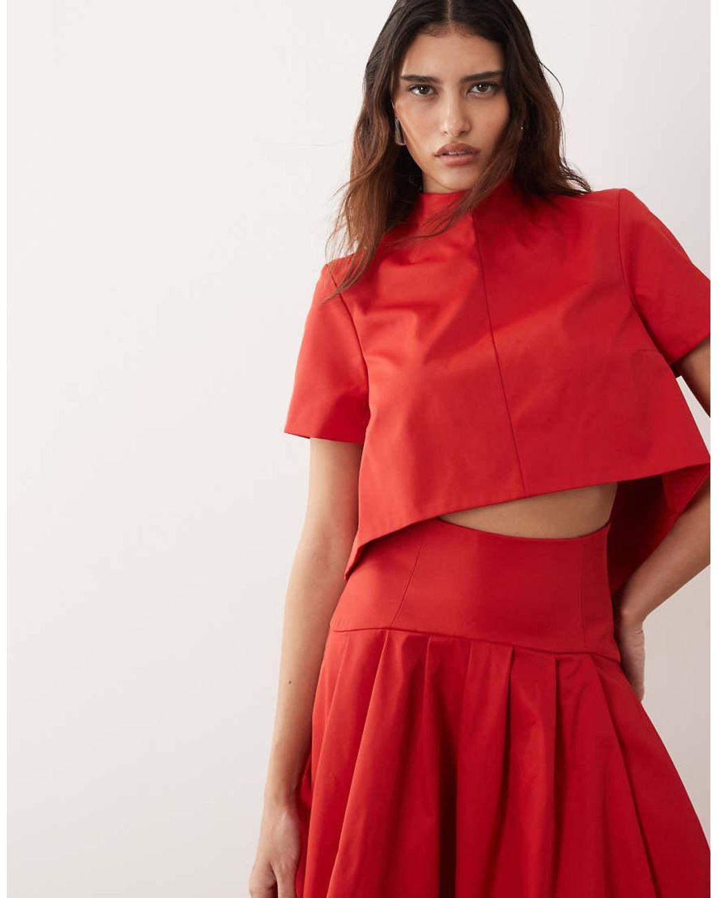 ARRANGE Red High Neck Top Co-ord With Drop Hem