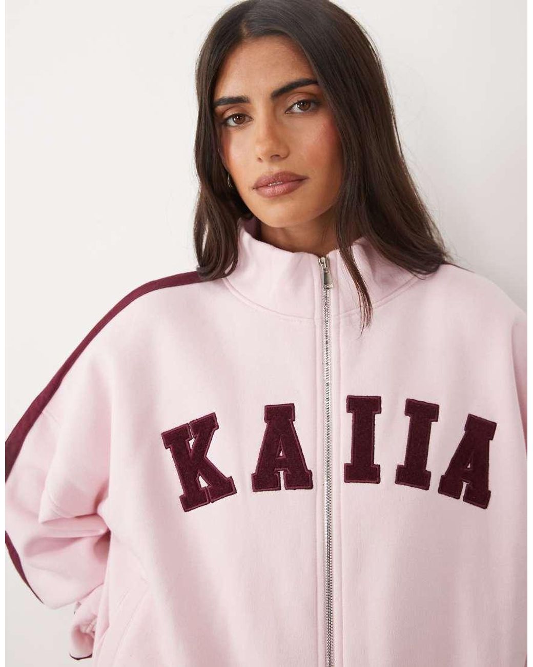 Kaiia Pink Cotton Rich Embroidered Logo Detail Oversized Zip Through High Neck Sweatshirt Co-ord