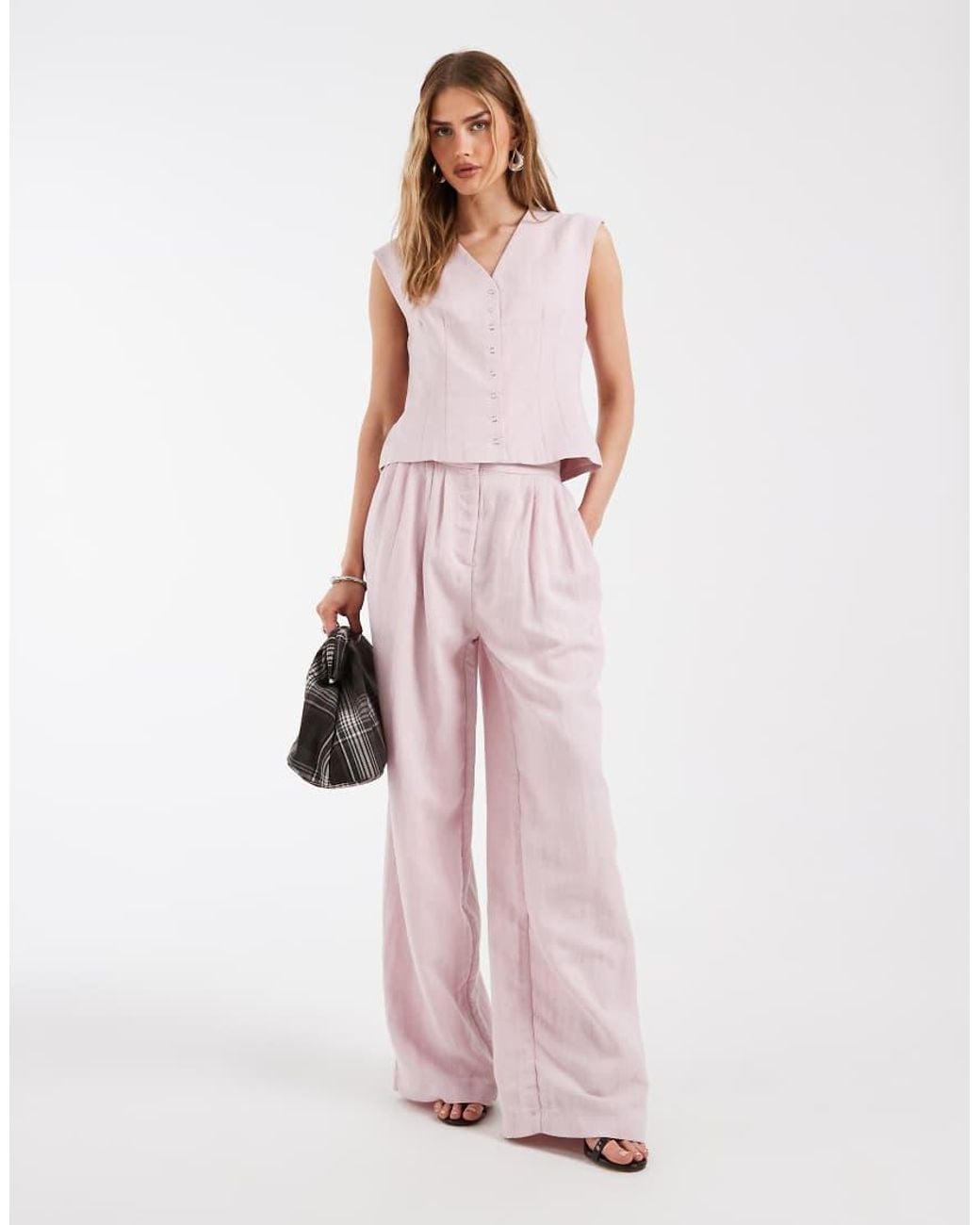 Object Pink Linen Look Tailored Popper Front Waistcoat Co-ord