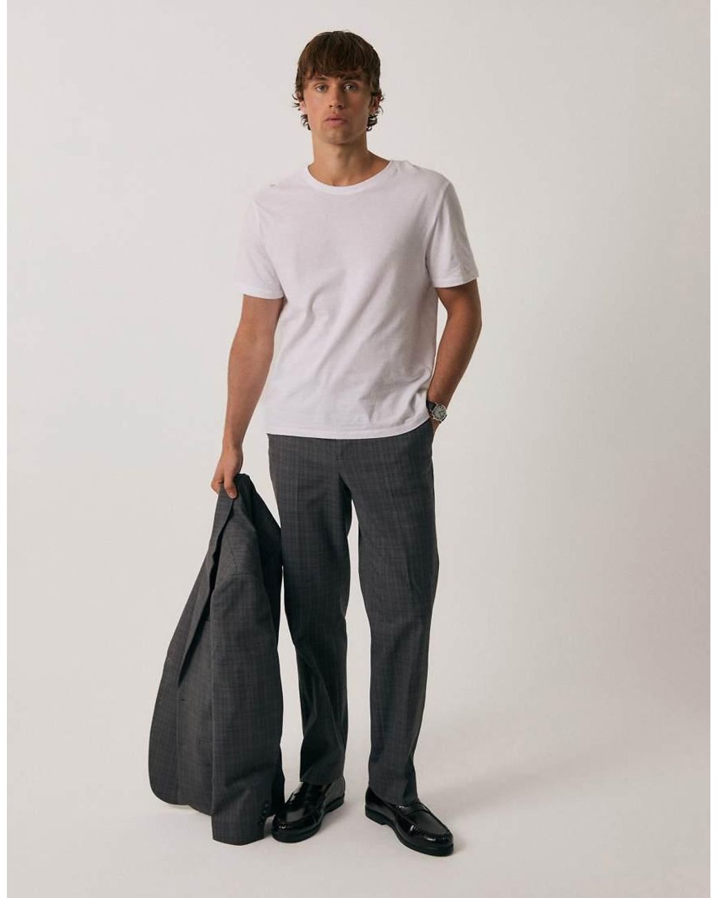 Threadbare Gray Tailored Fit Check Suit Trousers for men
