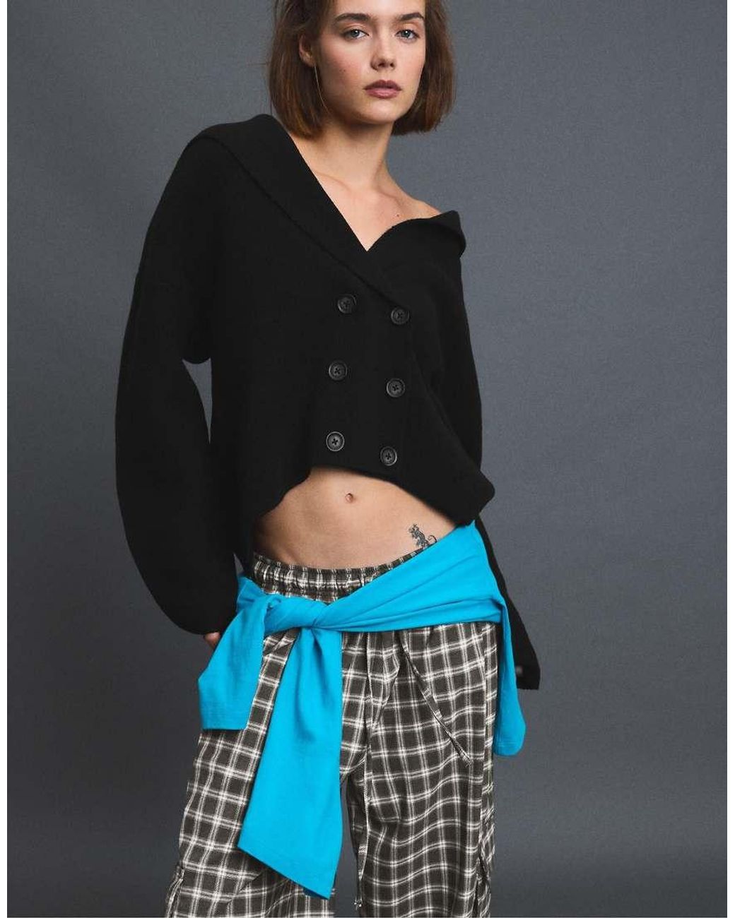 Stradivarius Blue Double-breasted Knit Cardigan With Lapels
