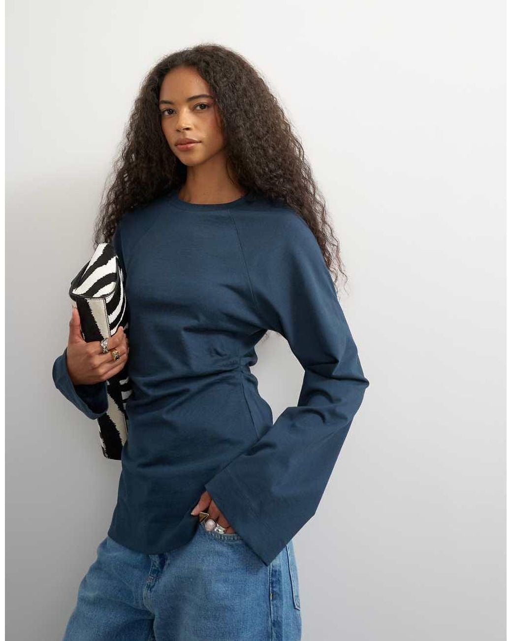TOPSHOP Blue Cinched Waist Long Sleeve Raglan T-shirt