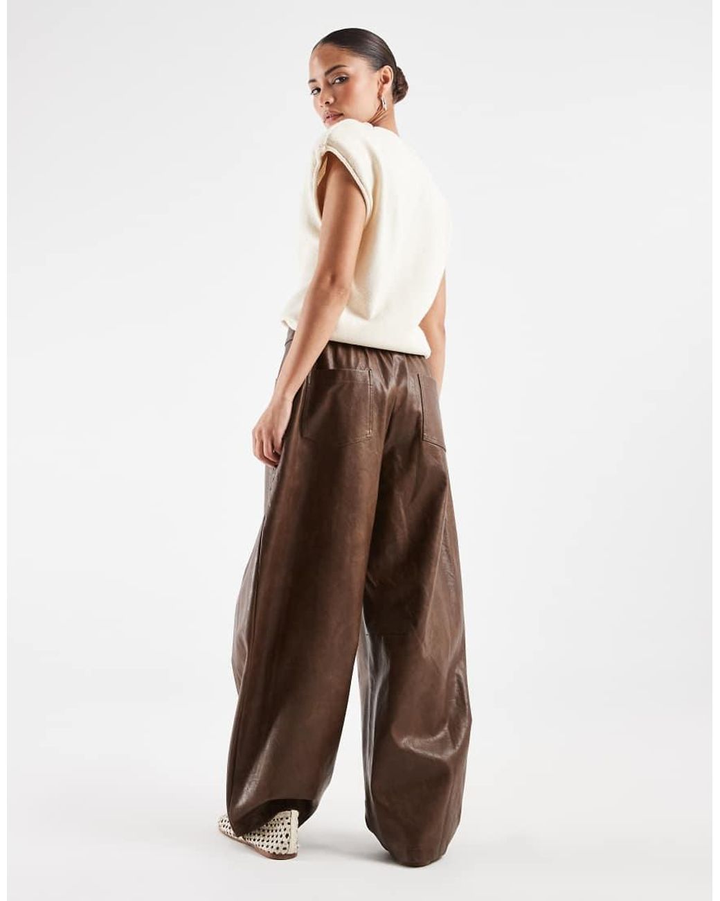 ASOS Brown Petite Tailored Faux Leather Barrel Trousers