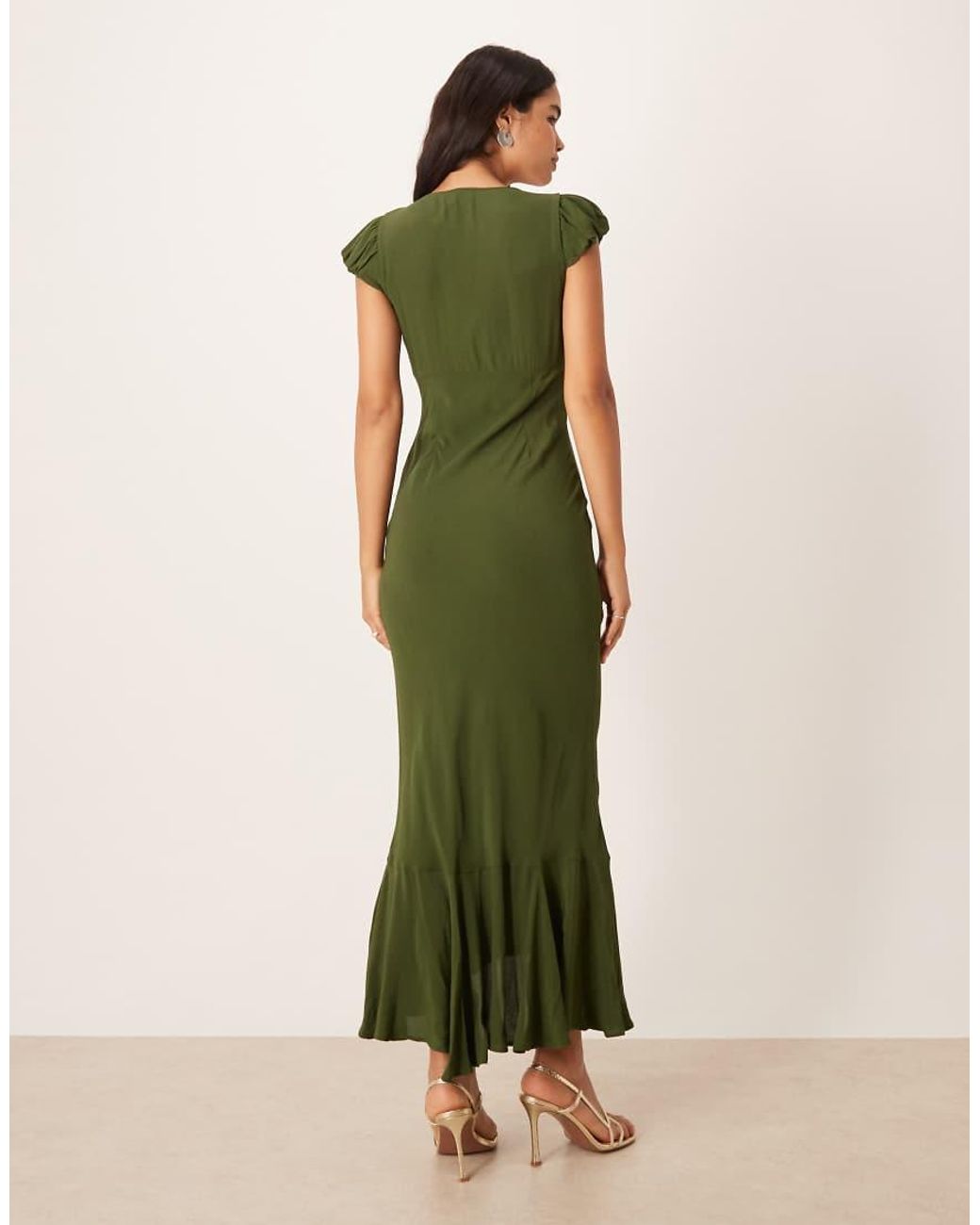 ASOS Green Puff Sleeve V-neck Maxi Tea Dress