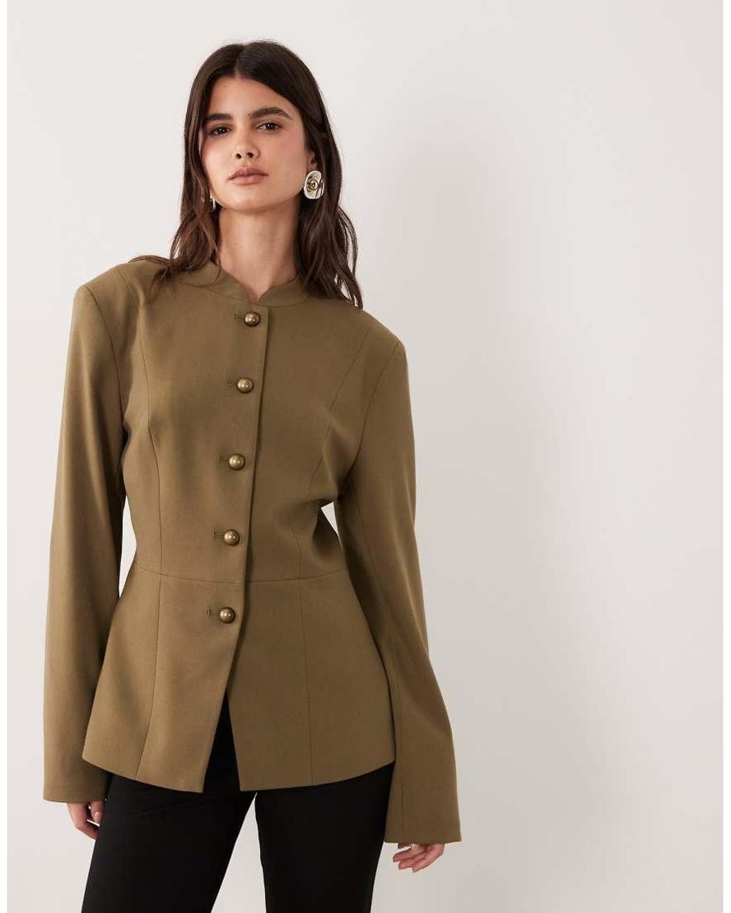 ASOS Natural Tailored High Neck Blazer With Gold Buttons