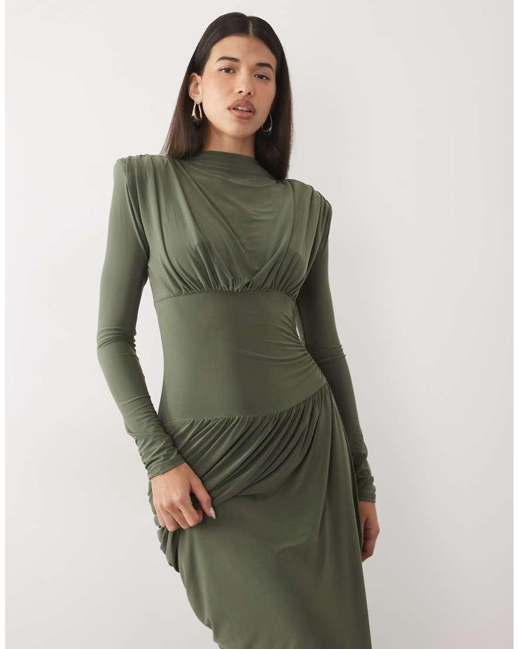 ASOS Green Shoulder Pad High Neck Draped Midaxi Dress