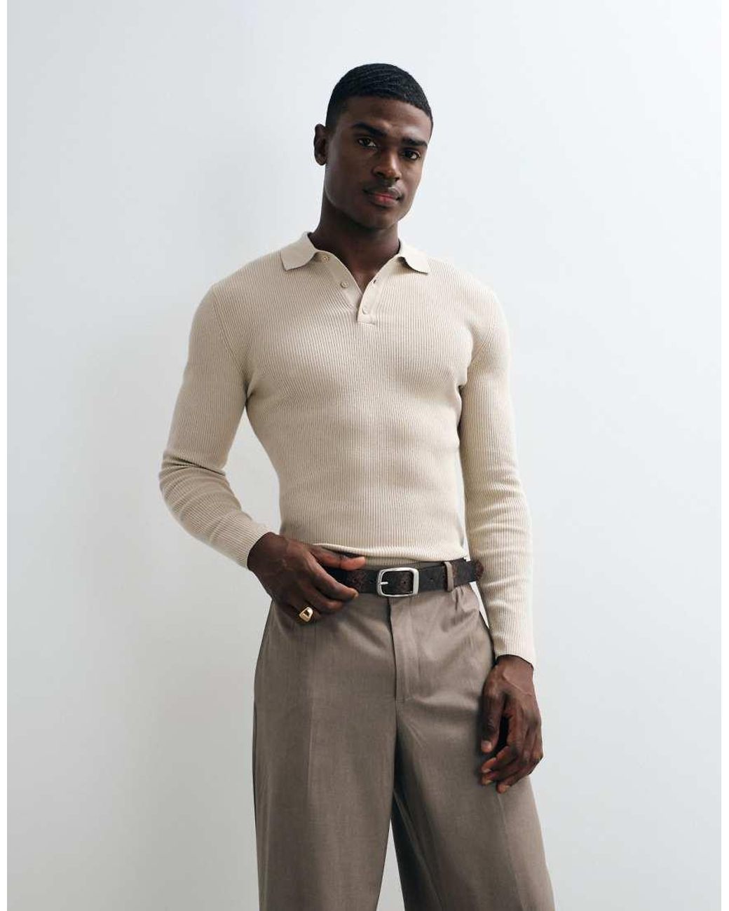 ASOS Natural Essentials Micro Rib Muscle Fit Lightweight Knit Polo for men