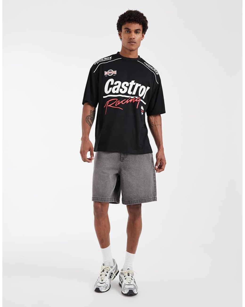 ASOS Black Oversized Mesh Tee With Castrol Print for men