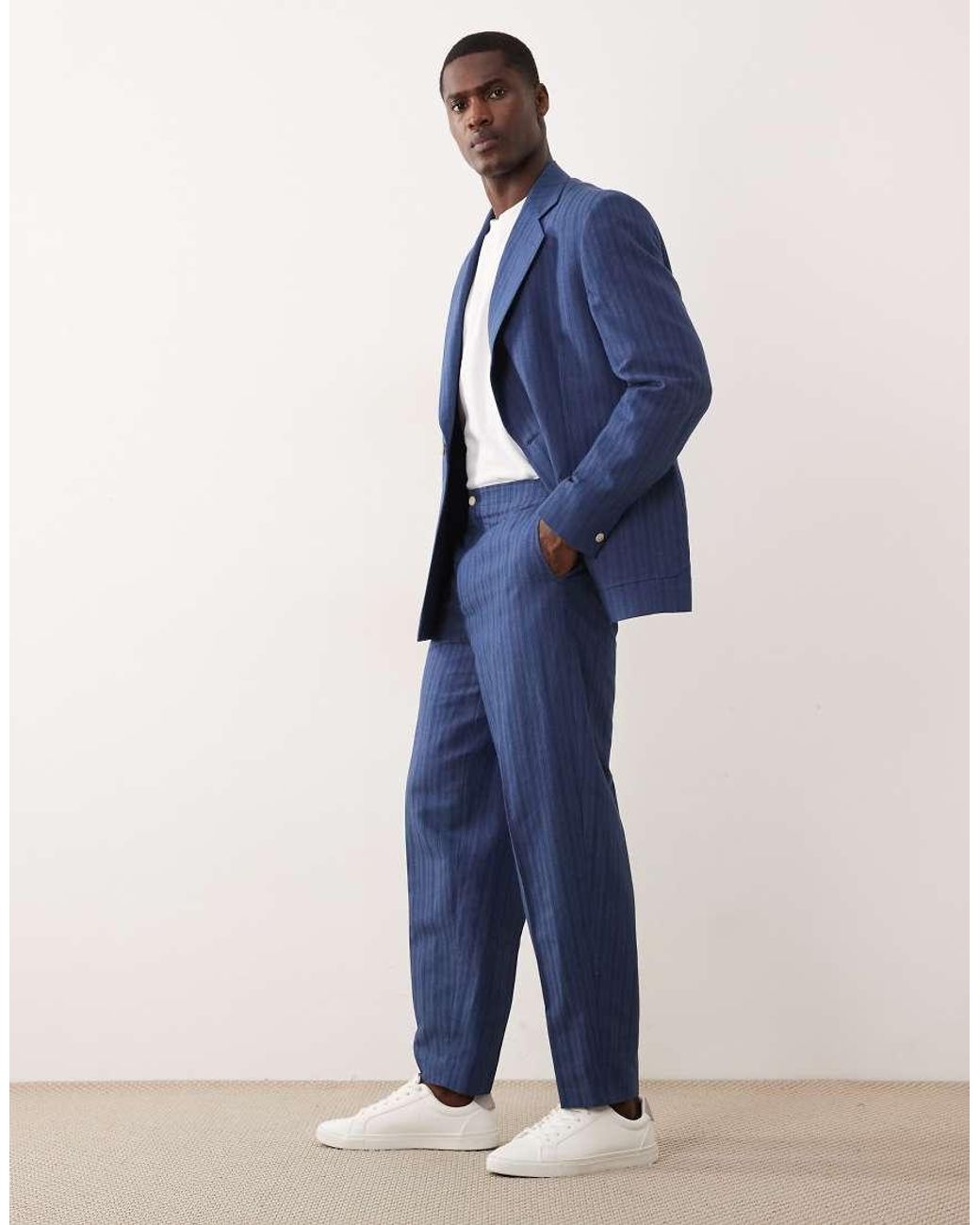 ASOS Blue Linen Blend Oversized Tapered Suit Pants for men