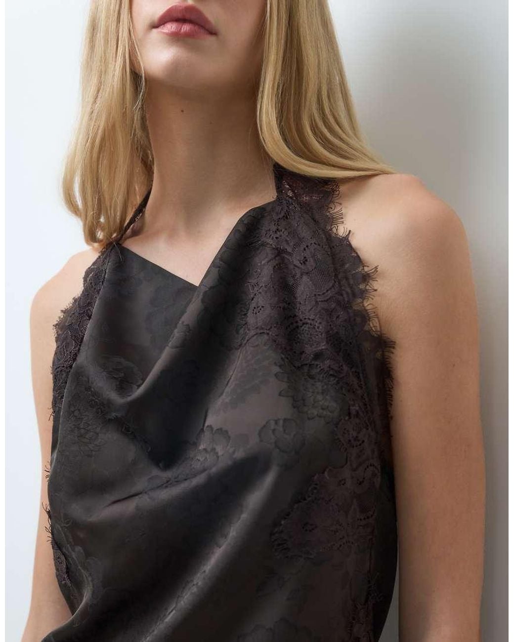 Vero Moda Gray Satin Halterneck Top With Lace Detail