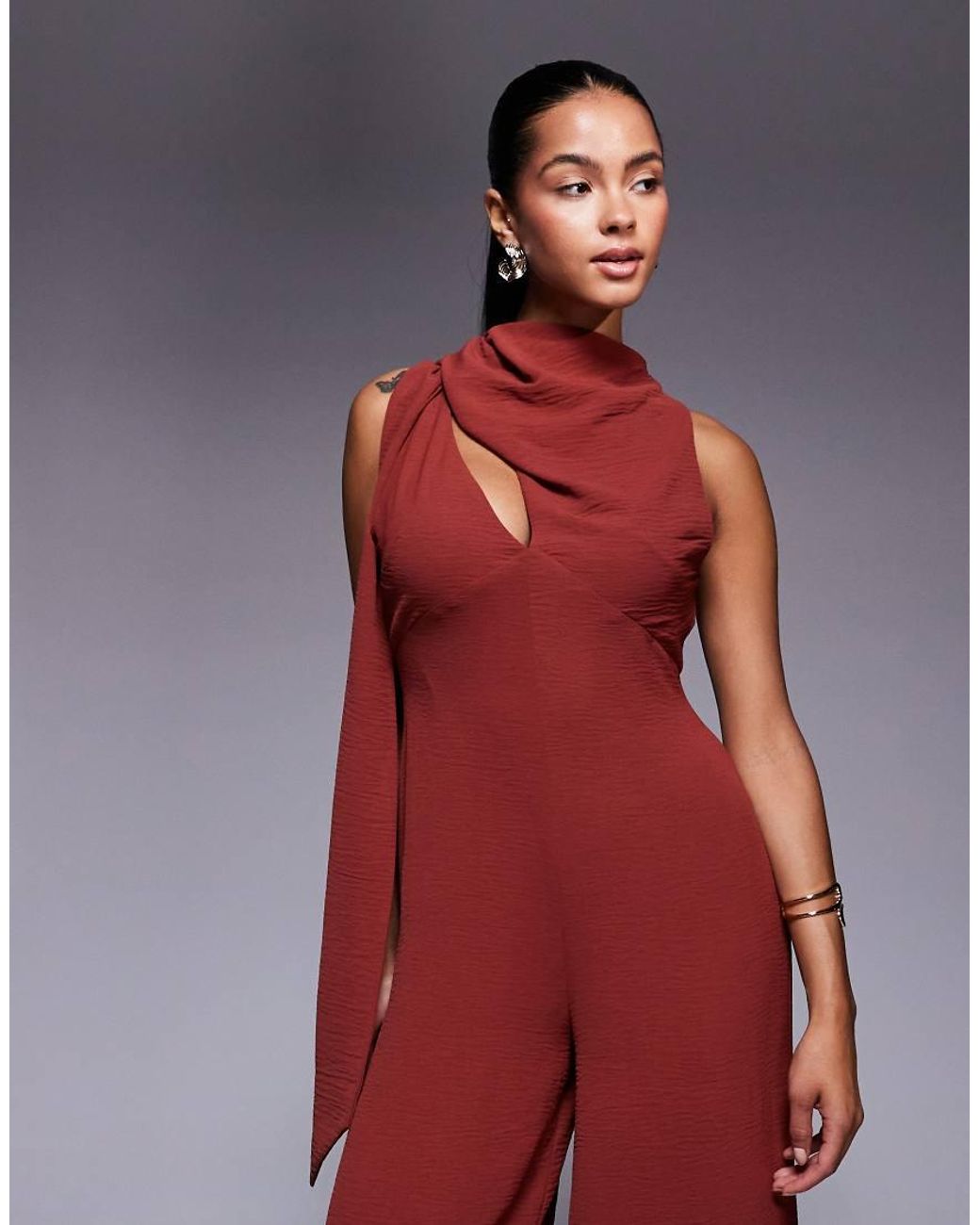 ASOS Red Cowl Draped Neck Wide Leg Jumpsuit With Tie Detail