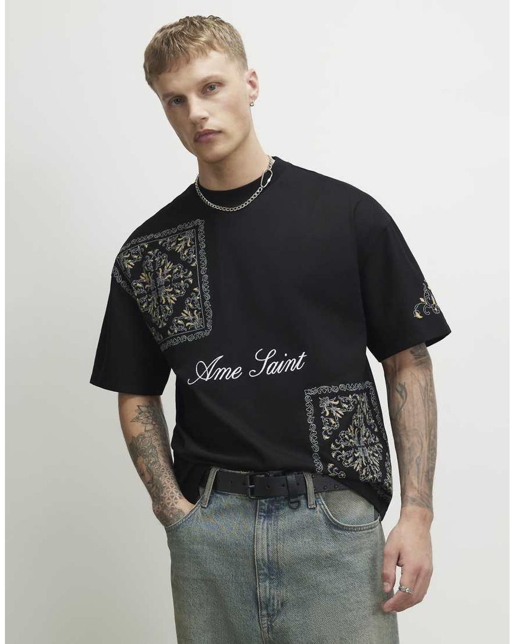 River Island Black Ame Saint Midweight T-Shirt for men