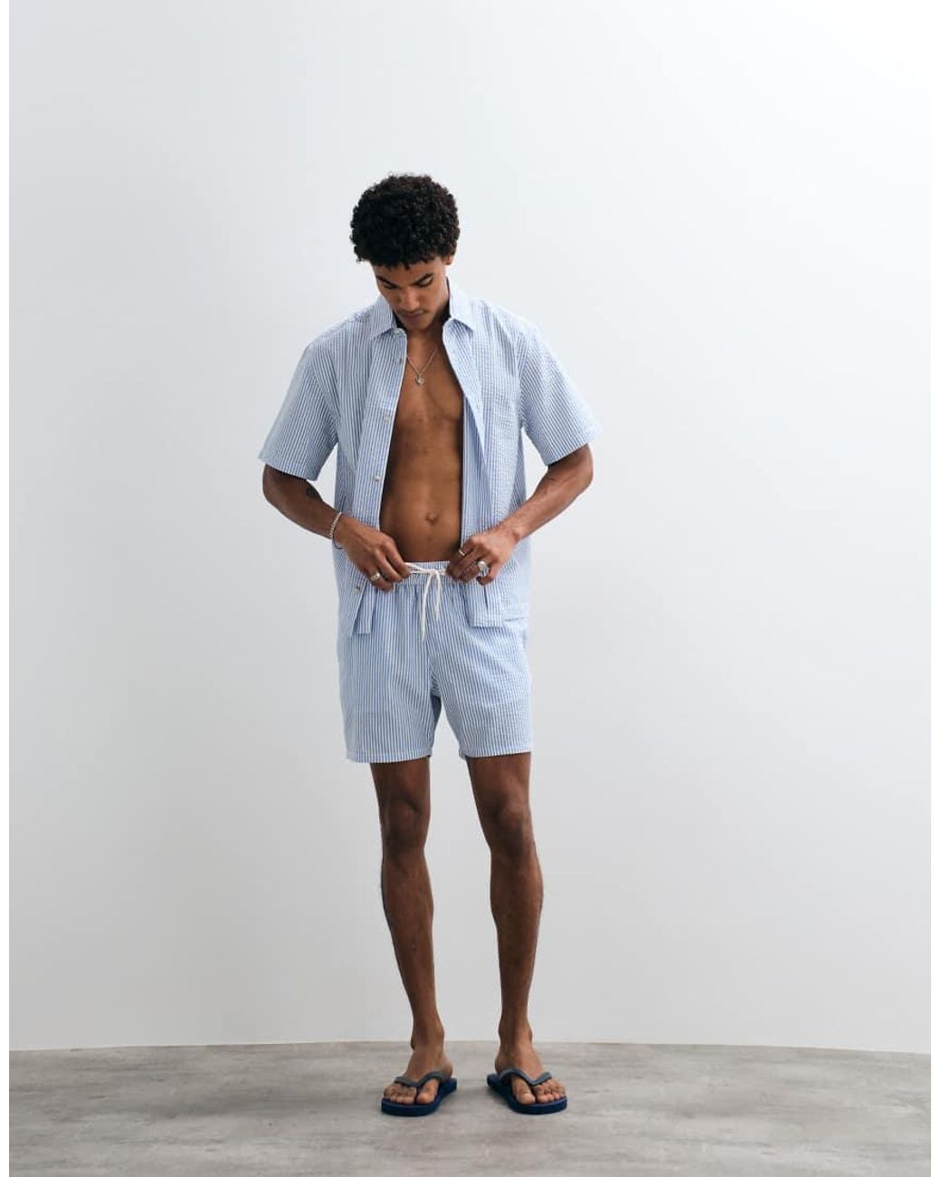 ASOS White Co-Ord Seersucker Swim Shorts for men