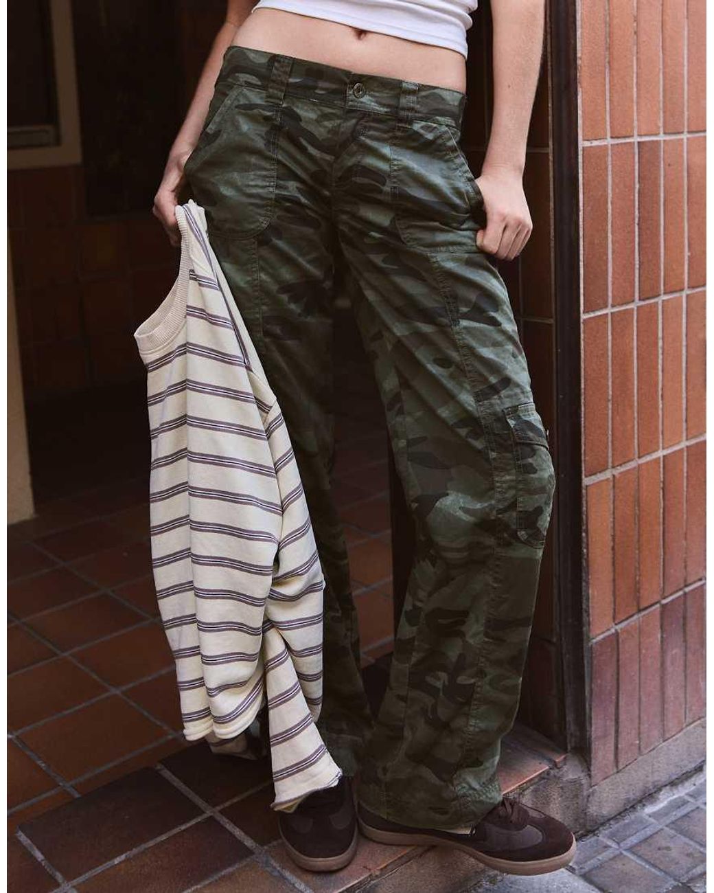 Bershka Brown Straight-Leg Camouflage Cargo Trousers