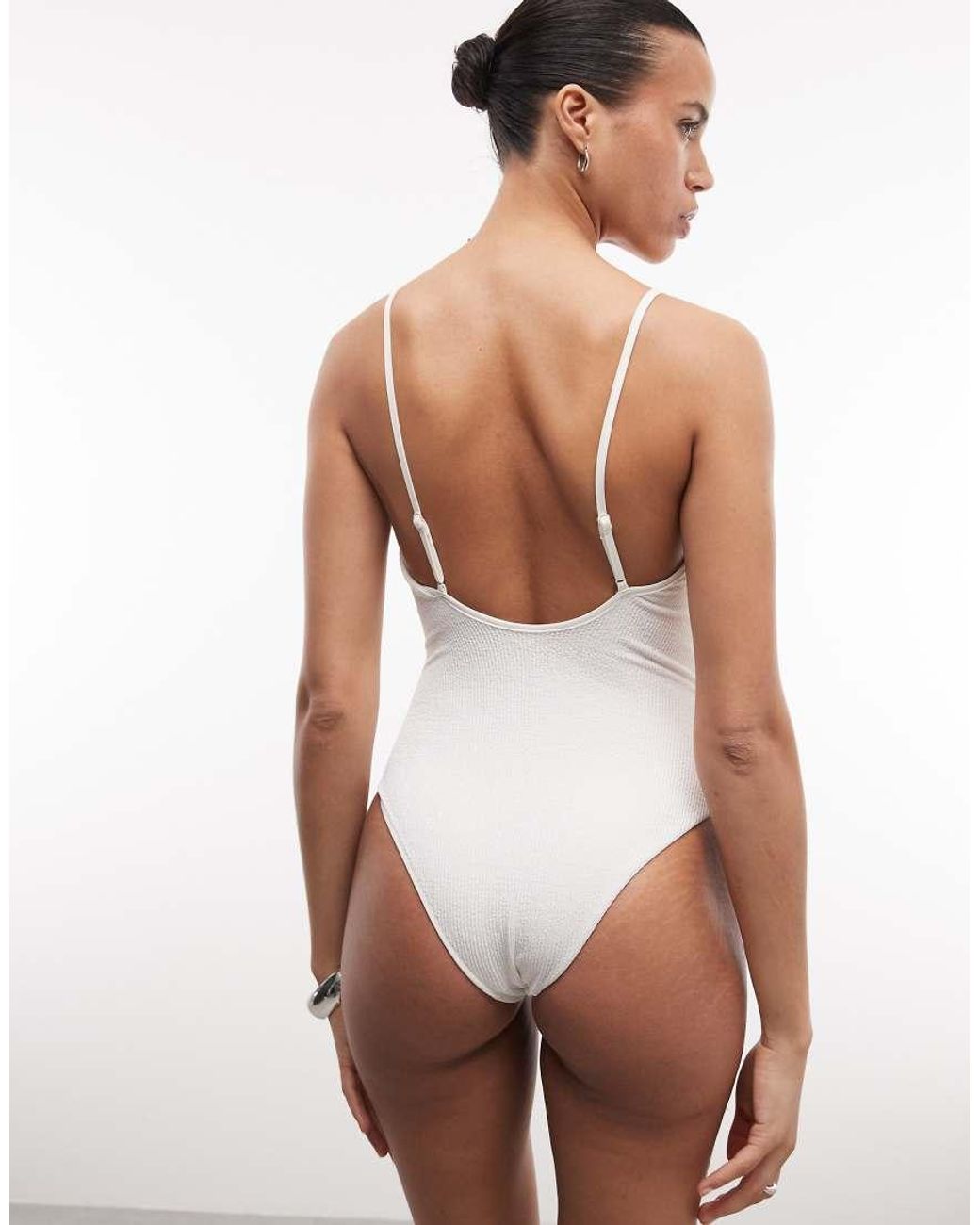 Monki White Crinkle Scoop Neck High Leg Swimsuit
