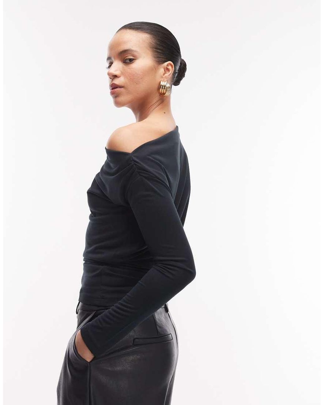 ASOS Blue Soft Touch Drape Off Shoulder Top With Cinch Waist
