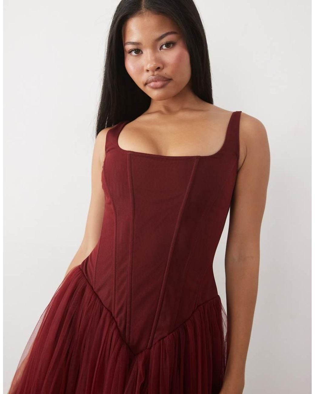 LACE & BEADS Red Tulle Drop Hem Corset Maxi Gown