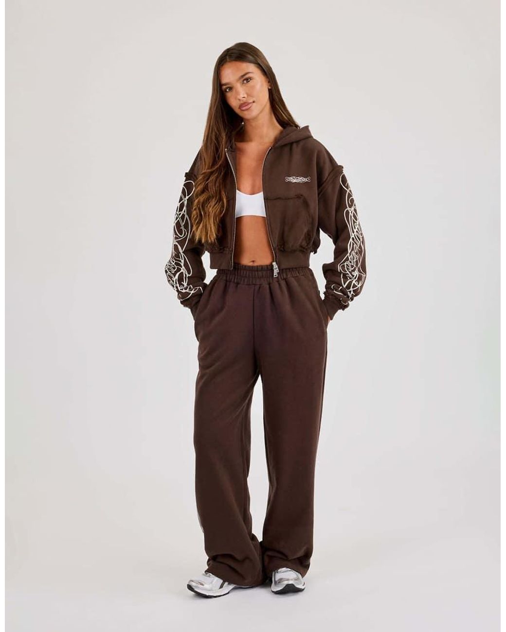 CERNUCCI Brown Cropped Distressed Print Zip Hoodie