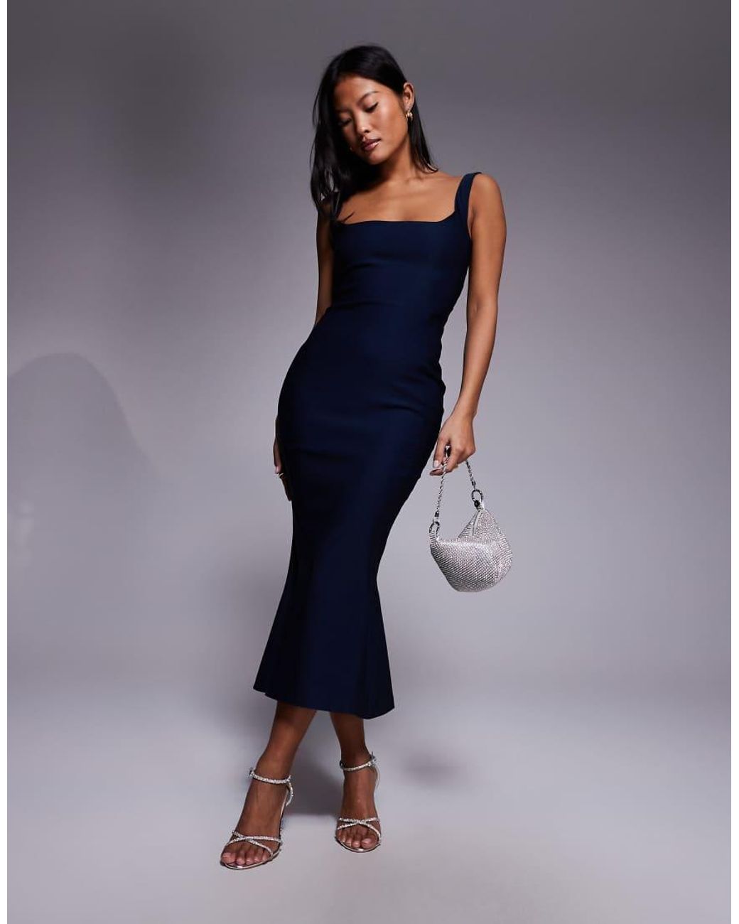 Vesper Petite Blue Bengaline Sleeveless Square Neck Fishtail Midi Dress