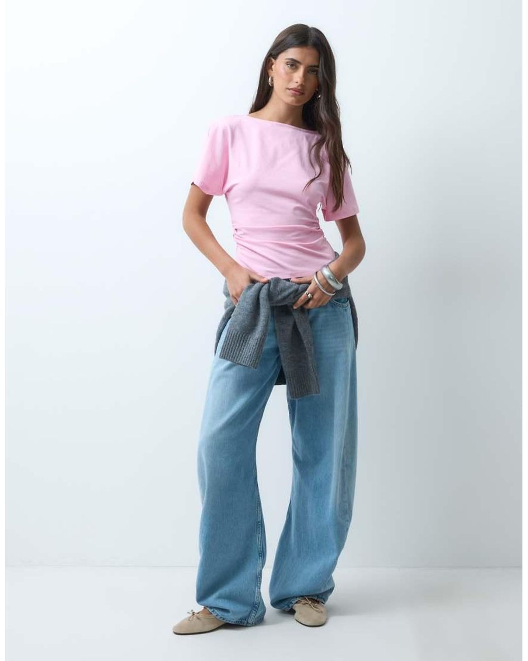 ASOS Pink Cinch Waist Angel Sleeve Tee With V Back Detail