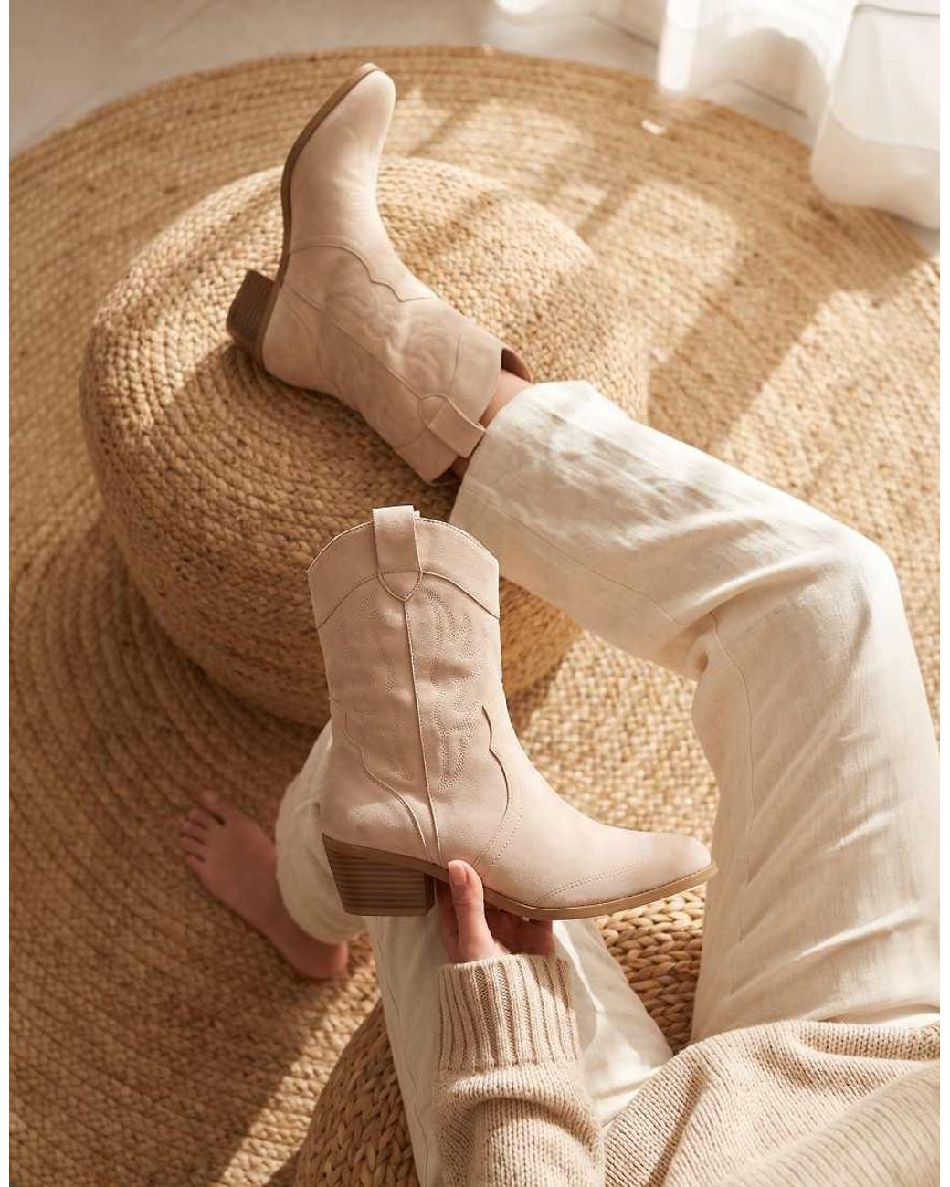 SEQWL Wide Fit Natural Western Cowboy Mid Calf Boots With Embroidered Detail