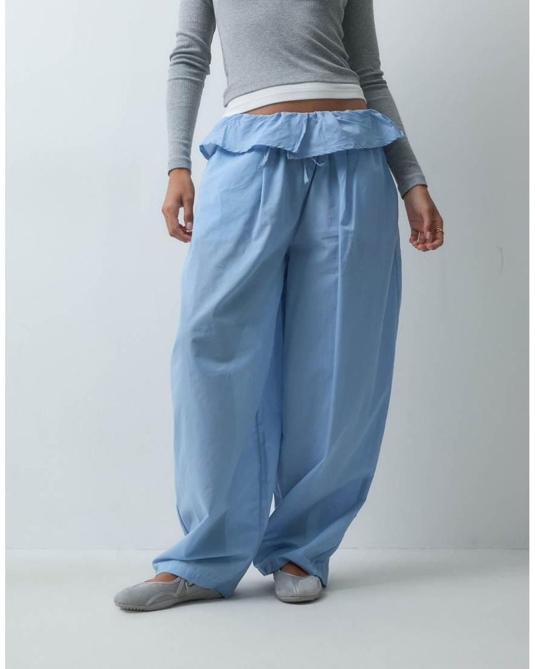 ASOS Blue Poplin Fold Over Pleated Wide Leg Trouser